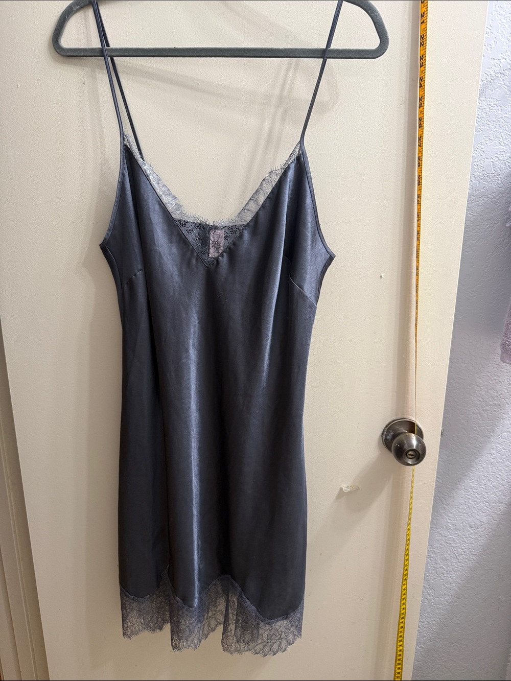 Victoria's Secret Slate Gray Satin Lace-Trim Slip nighty nightgown
